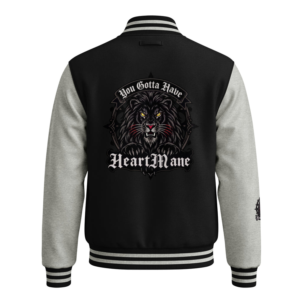 HeartMane Black Lion varsity jacket – Black / Heather Gray, back view