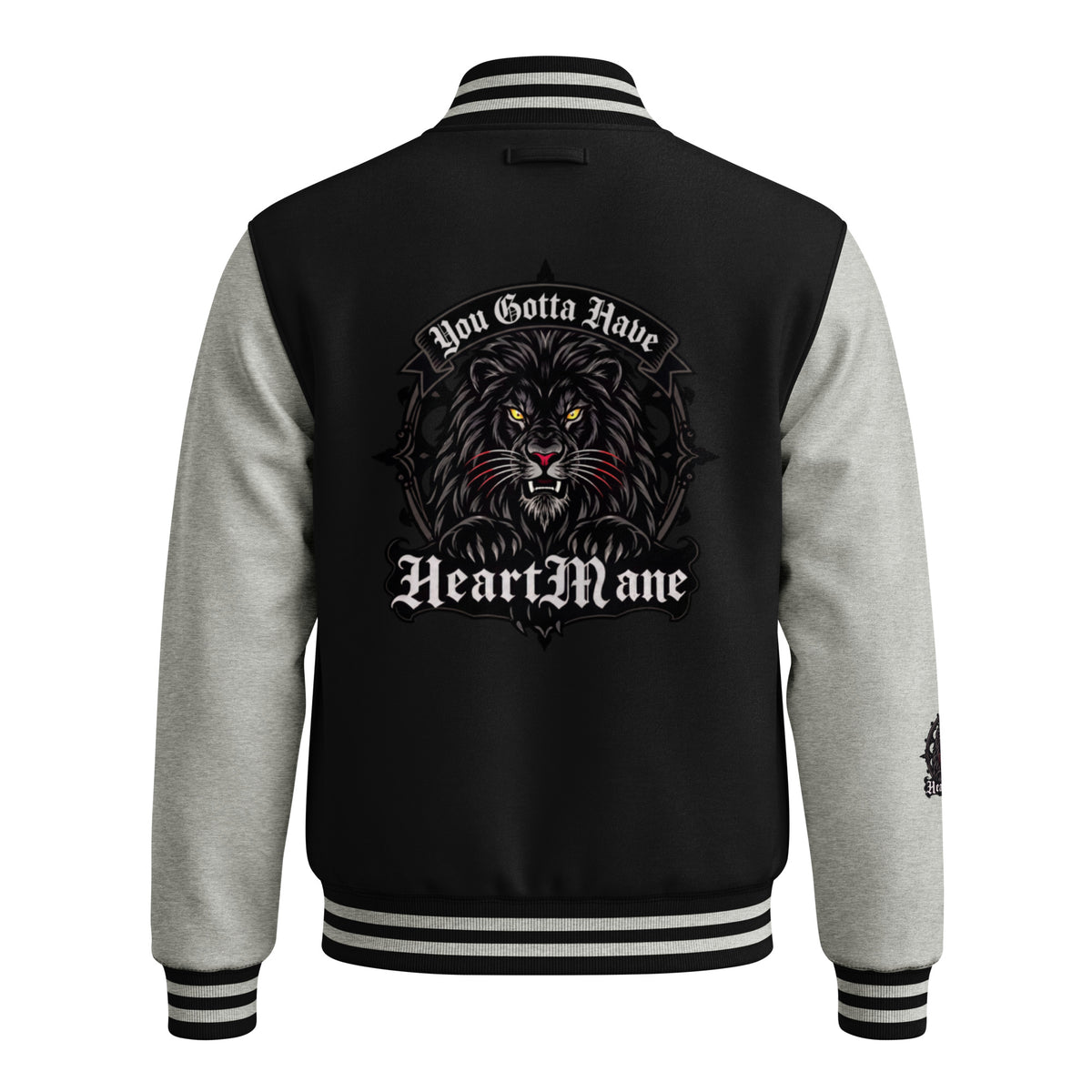 HeartMane Black Lion varsity jacket – Black / Heather Gray, back view