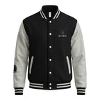 HeartMane Black Lion varsity jacket – Black / Heather Gray, front view – hover image