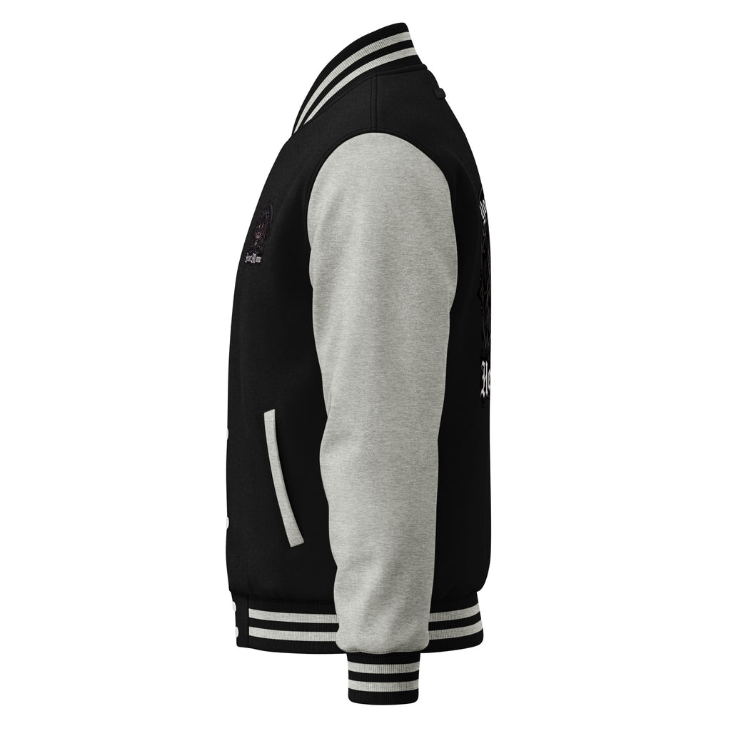 HeartMane Black Lion varsity jacket – Black / Heather Gray, left side view