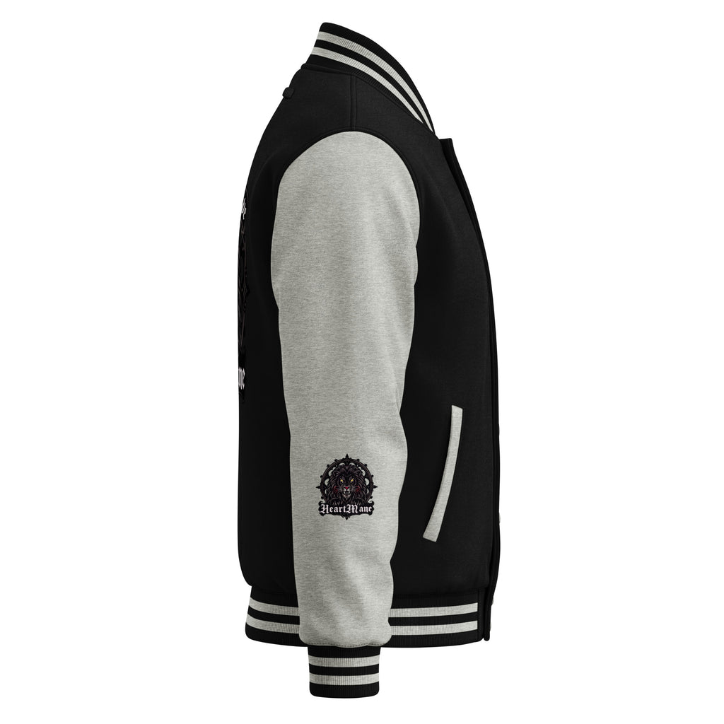 HeartMane Black Lion varsity jacket – Black / Heather Gray, right side view