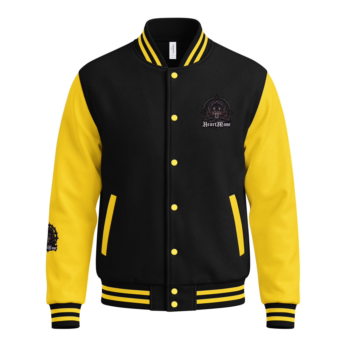 HeartMane Black Lion varsity jacket – Black / Yellow, front view
