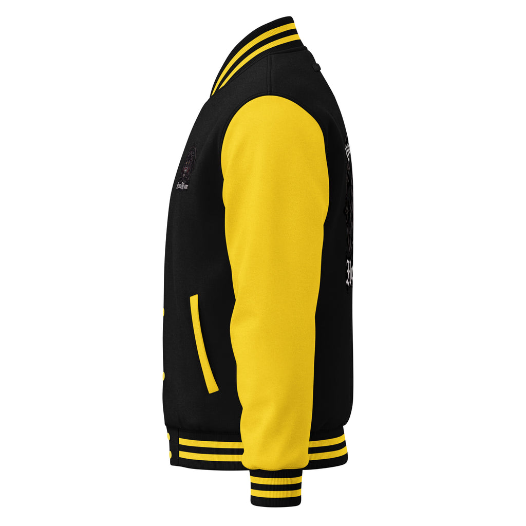 HeartMane Black Lion varsity jacket – Black / Yellow, left side view