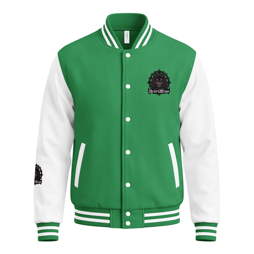 HeartMane Black Lion varsity jacket – Green / White, front view