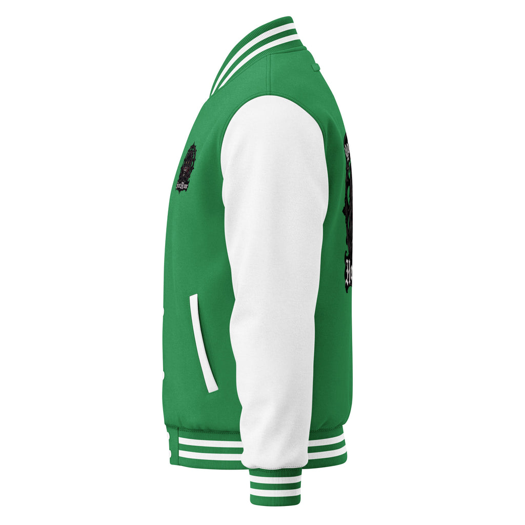 HeartMane Black Lion varsity jacket – Green / White, left side view