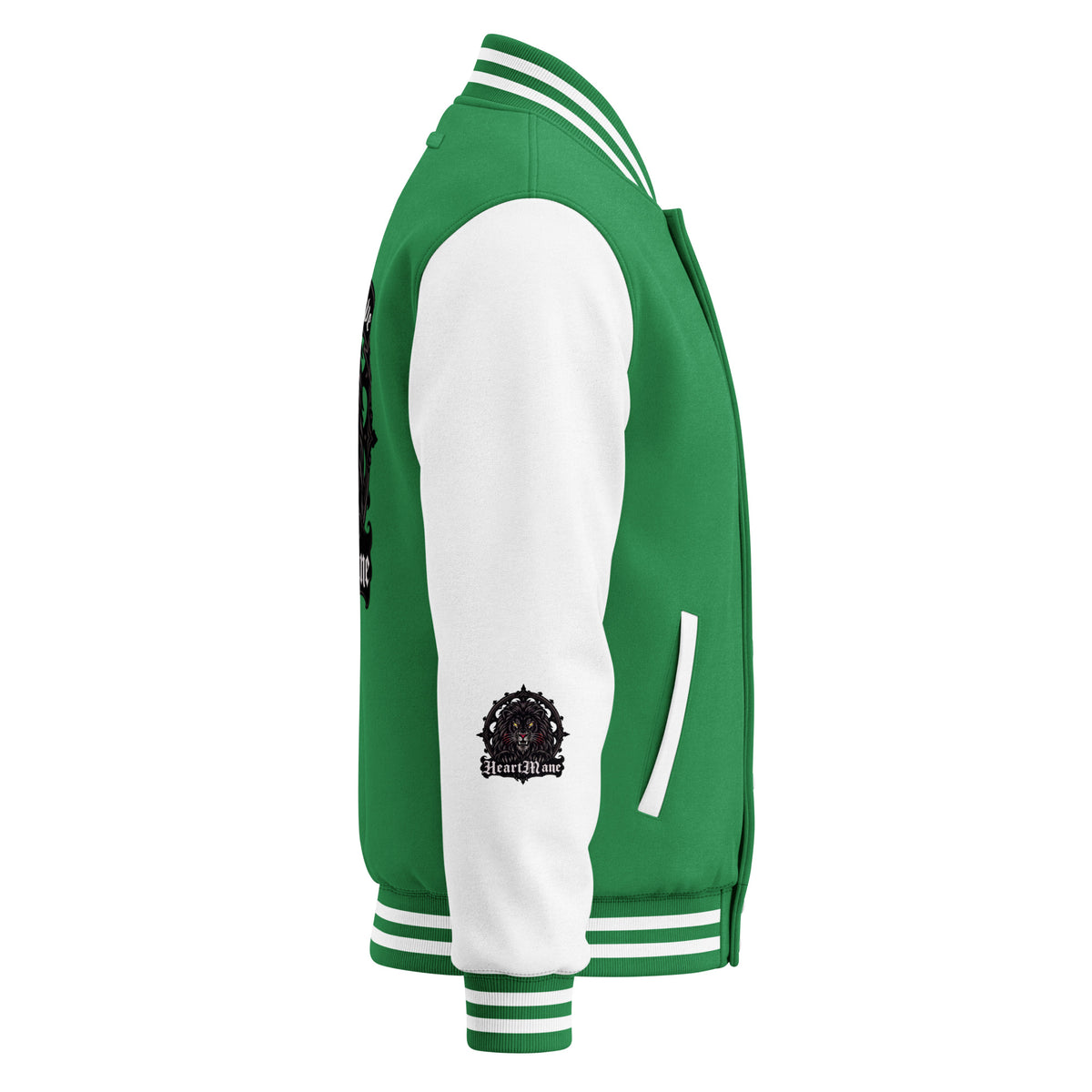 HeartMane Black Lion varsity jacket – Green / White, right side view