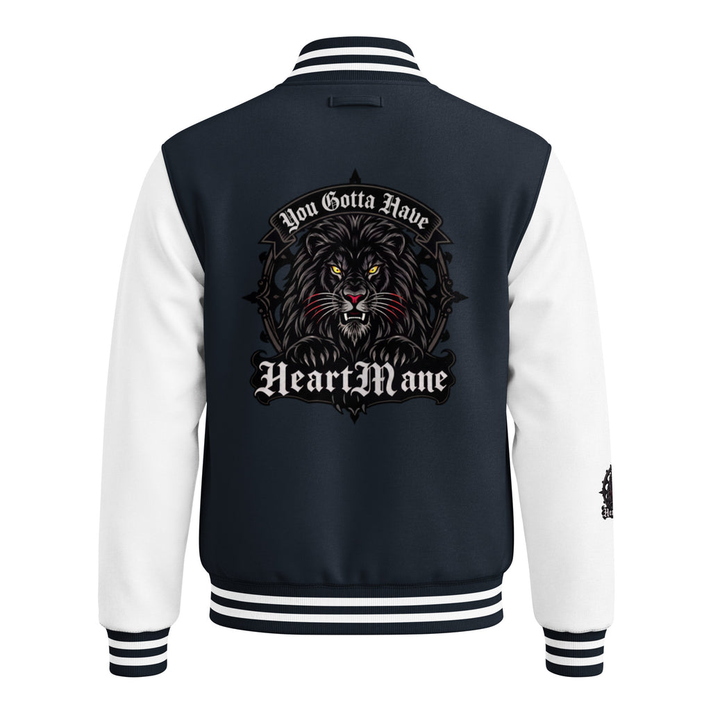 HeartMane Black Lion varsity jacket – Navy / White, back view