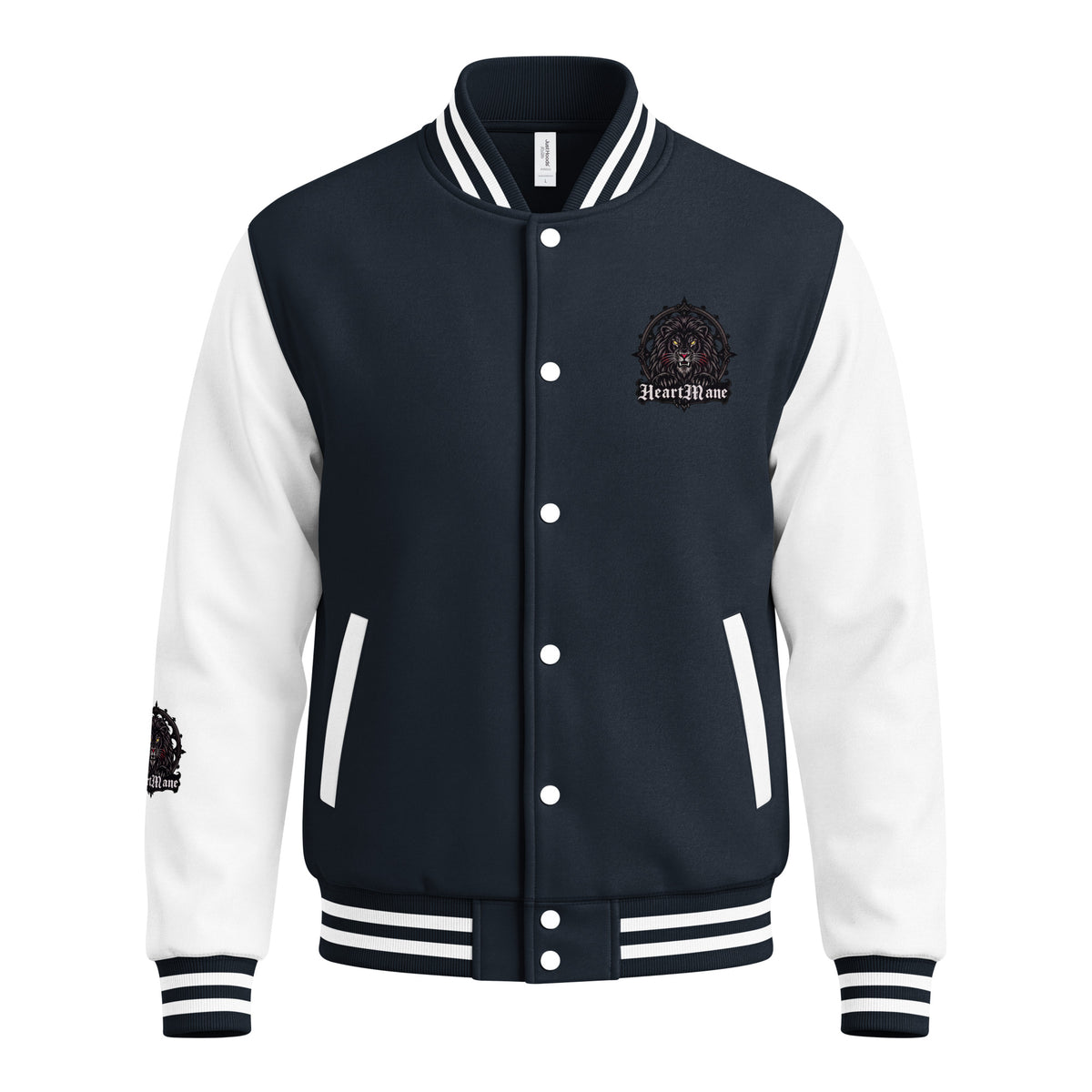 HeartMane Black Lion varsity jacket – Navy / White, front view