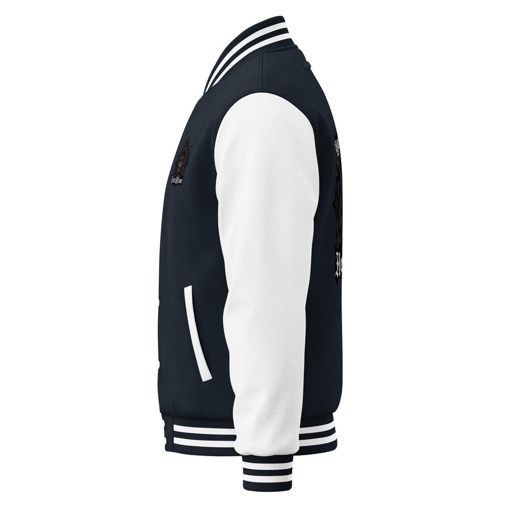 HeartMane Black Lion varsity jacket – Navy / White, left side view