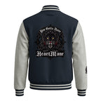 HeartMane Black Lion varsity jacket – Navy / Heather Gray, back view