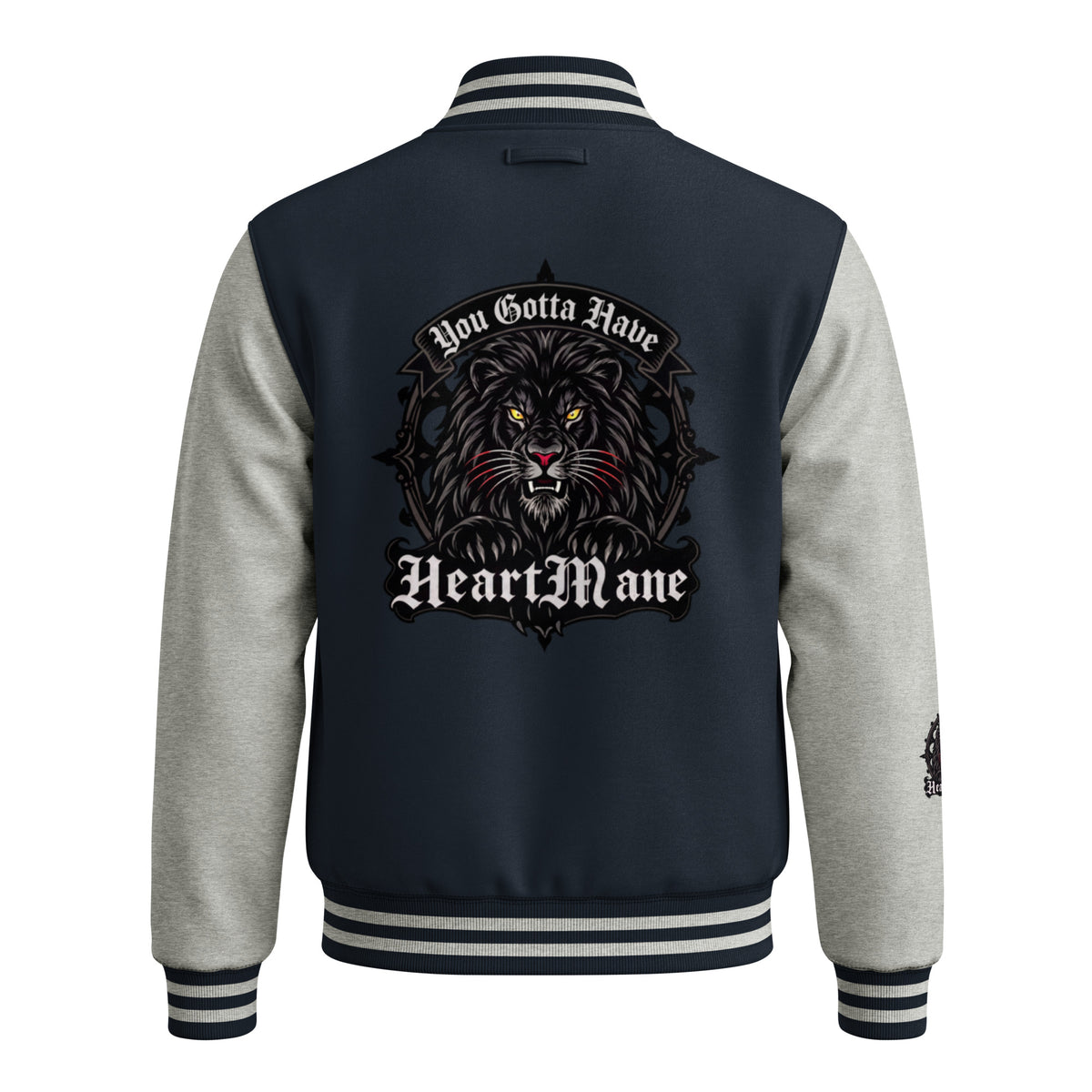 HeartMane Black Lion varsity jacket – Navy / Heather Gray, back view
