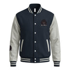 HeartMane Black Lion varsity jacket – Navy / Heather Gray, front view