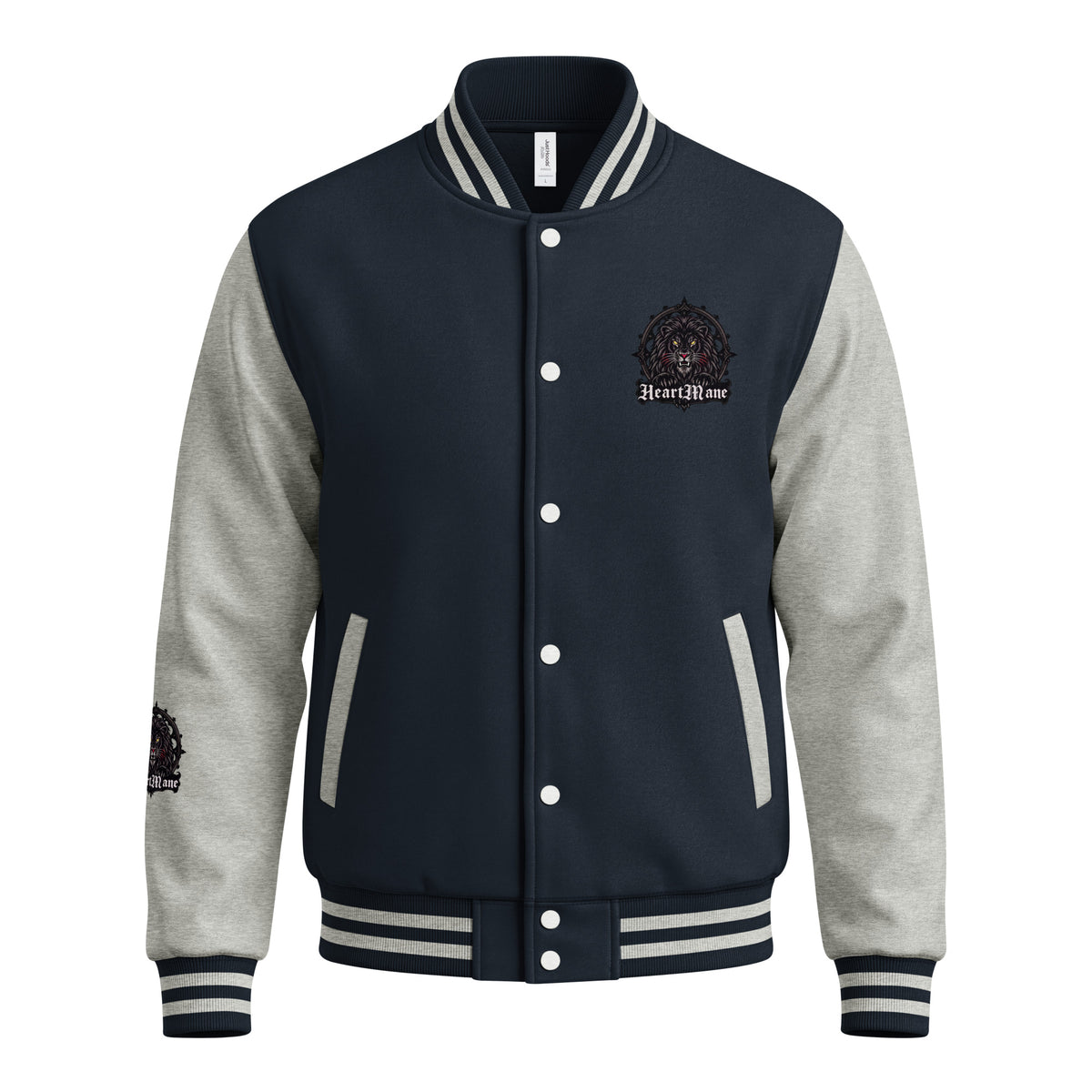 HeartMane Black Lion varsity jacket – Navy / Heather Gray, front view