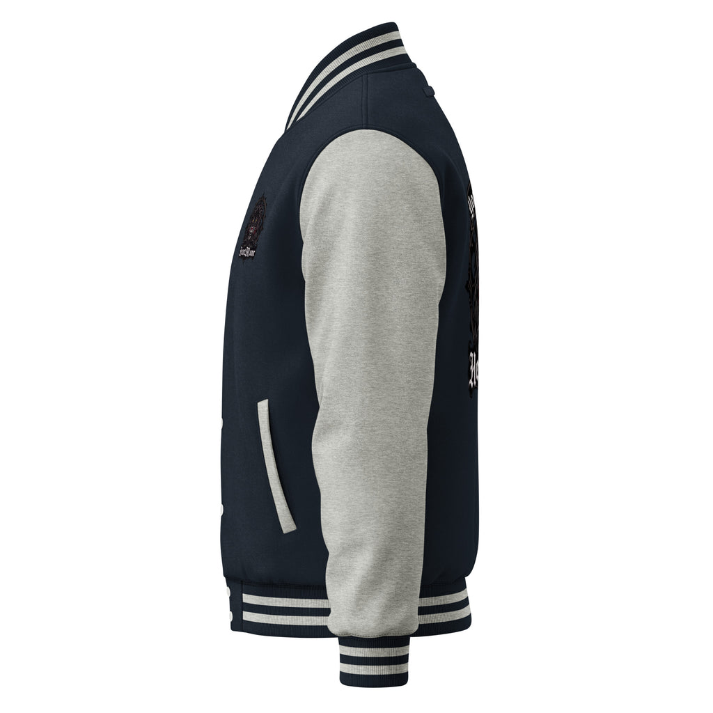 HeartMane Black Lion varsity jacket – Navy / Heather Gray, left side view