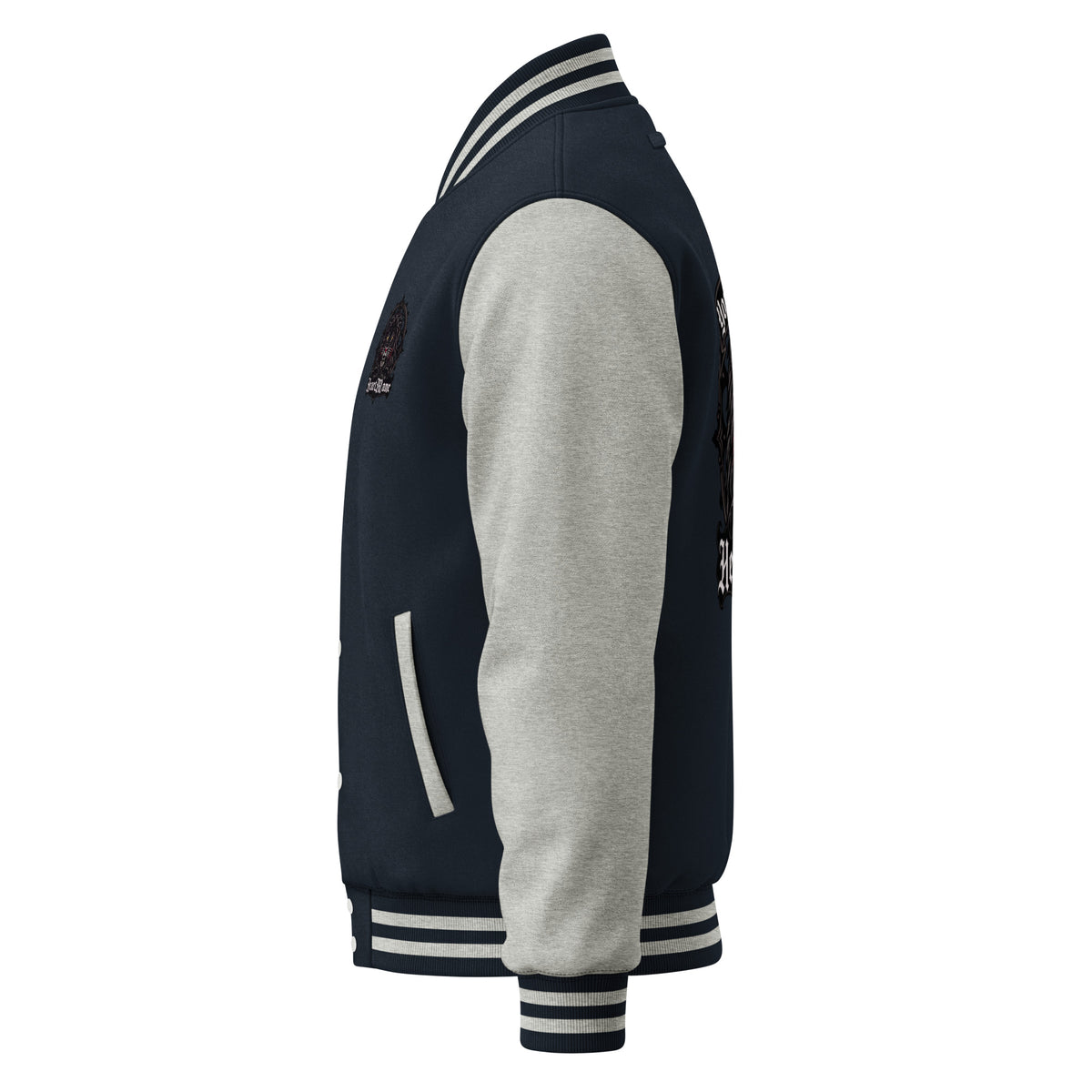 HeartMane Black Lion varsity jacket – Navy / Heather Gray, left side view