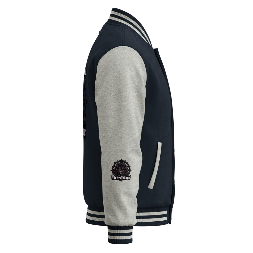 HeartMane Black Lion varsity jacket – Navy / Heather Gray, right side view
