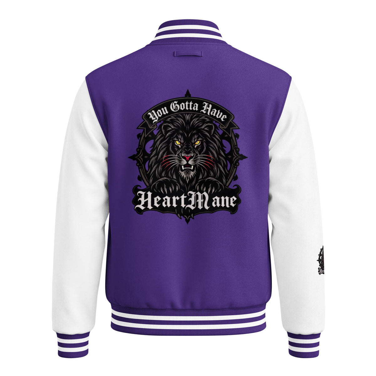 HeartMane Black Lion varsity jacket – Purple / White, back view