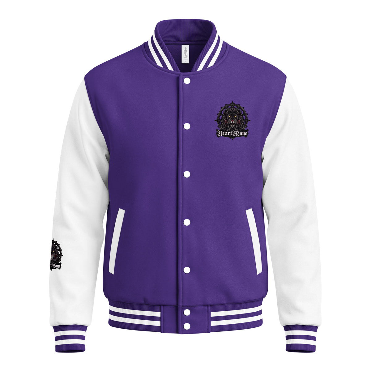 HeartMane Black Lion varsity jacket – Purple / White, front view