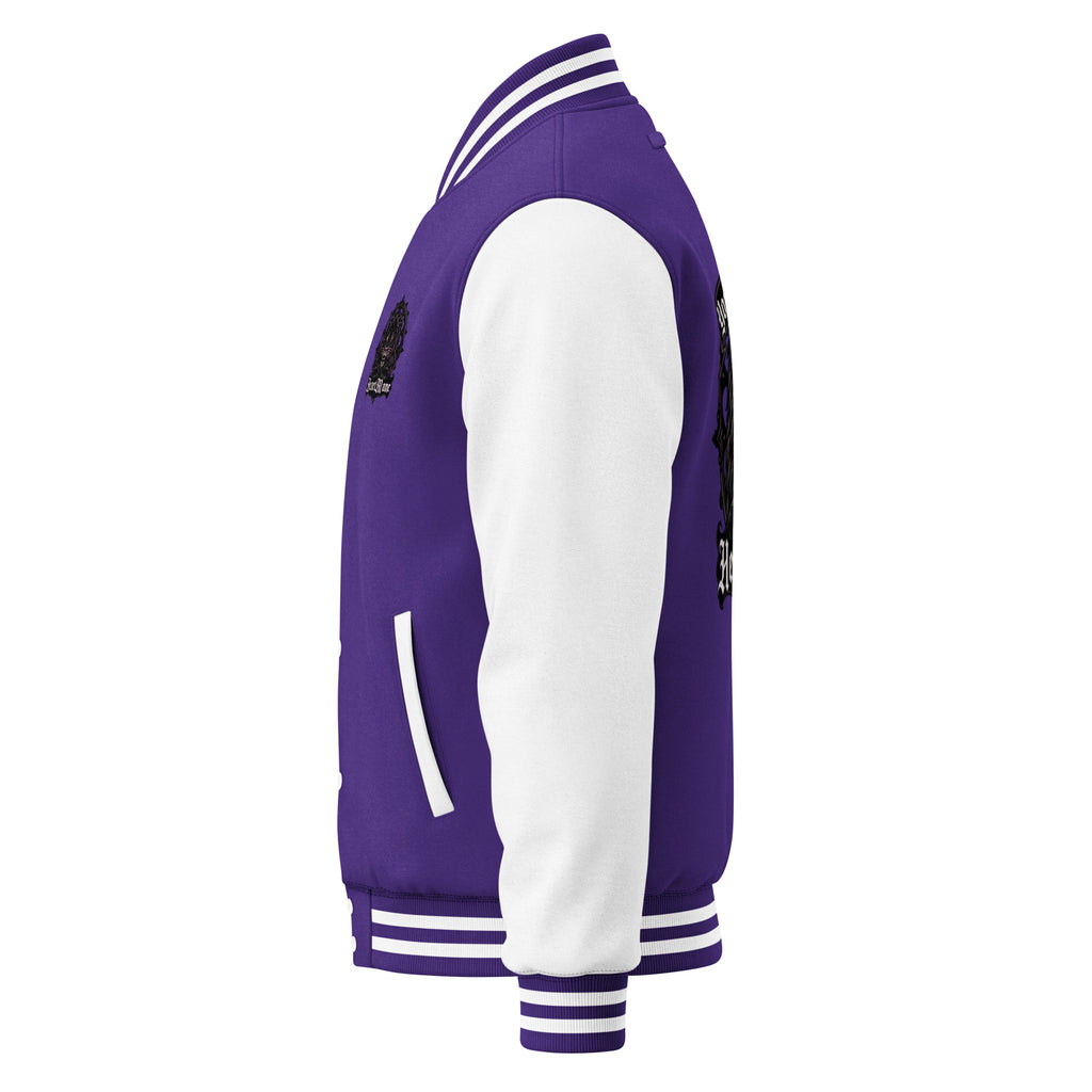 HeartMane Black Lion varsity jacket – Purple / White, left side view