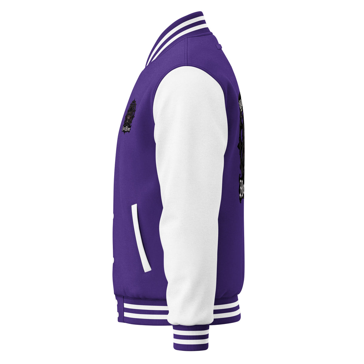 HeartMane Black Lion varsity jacket – Purple / White, left side view