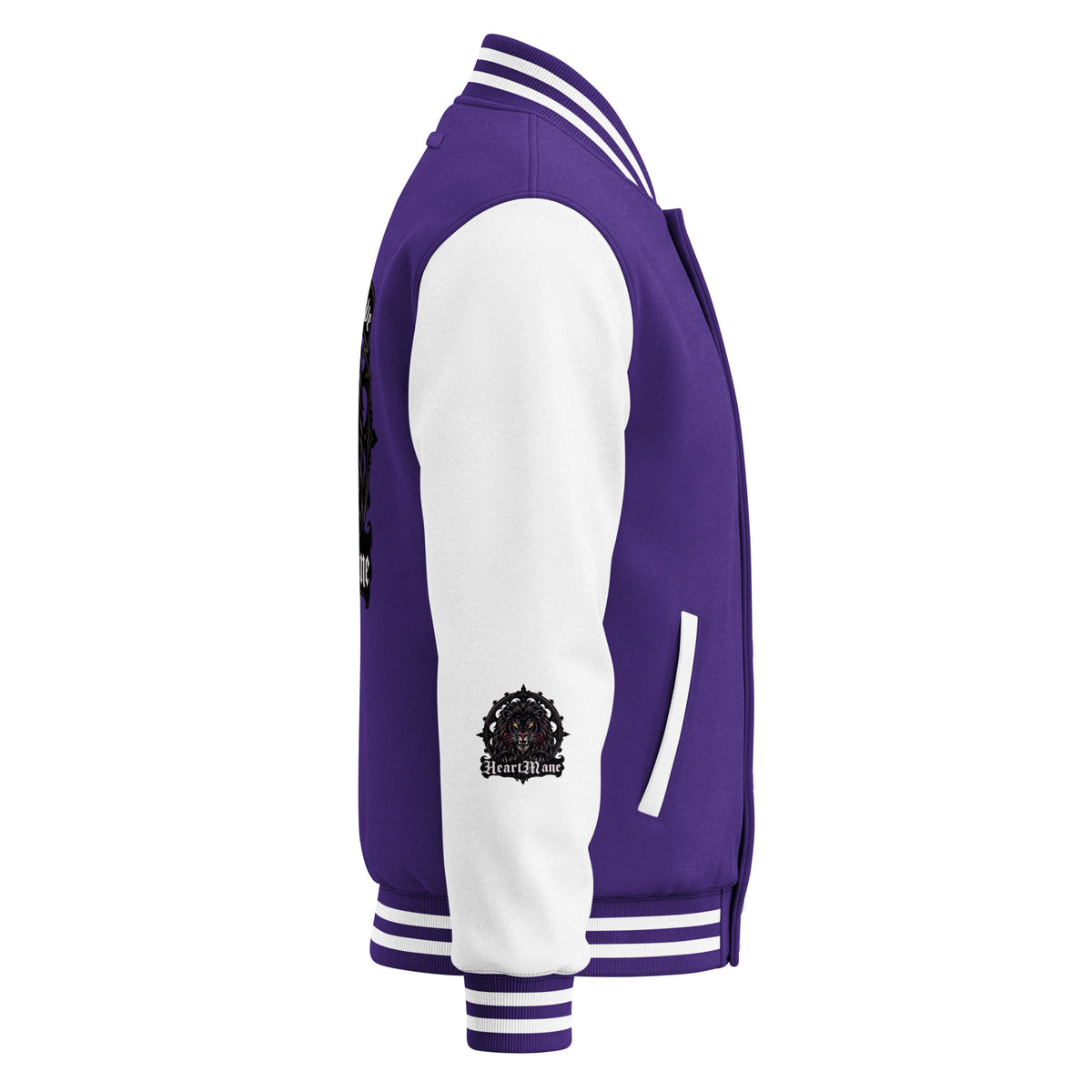 HeartMane Black Lion varsity jacket – Purple / White, right side view