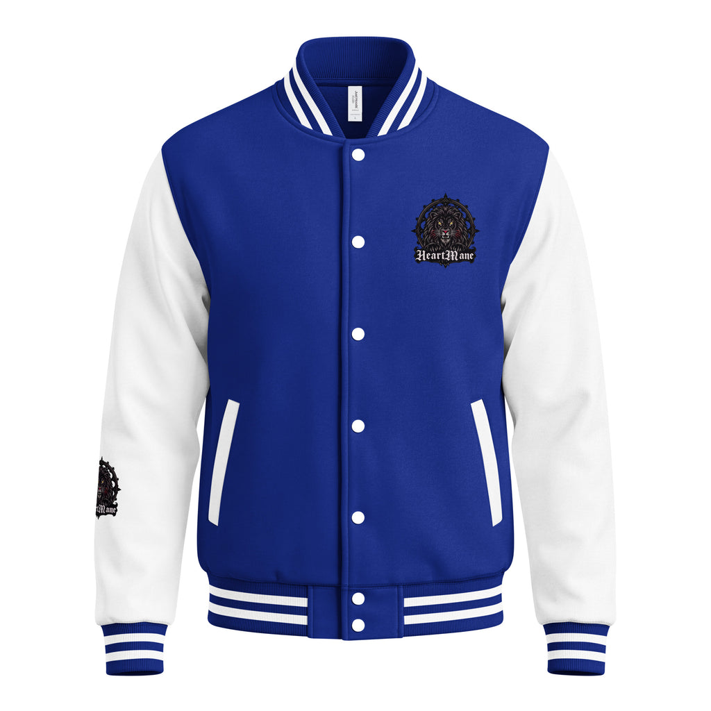 HeartMane Black Lion varsity jacket – Royal Blue / White, front view
