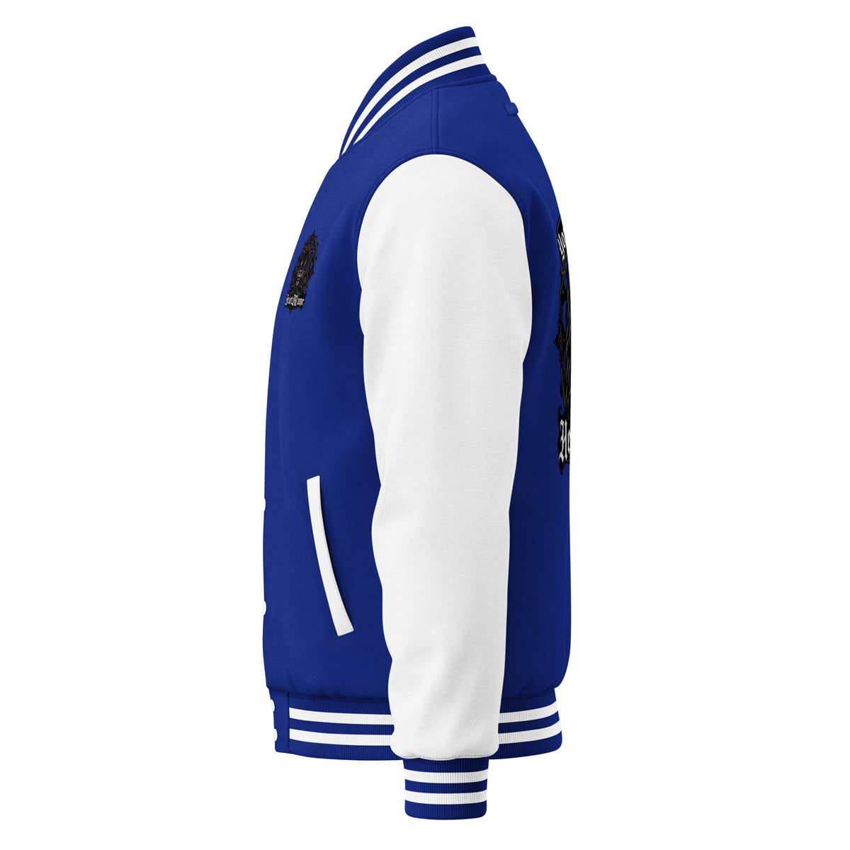 HeartMane Black Lion varsity jacket – Royal Blue / White, left side view